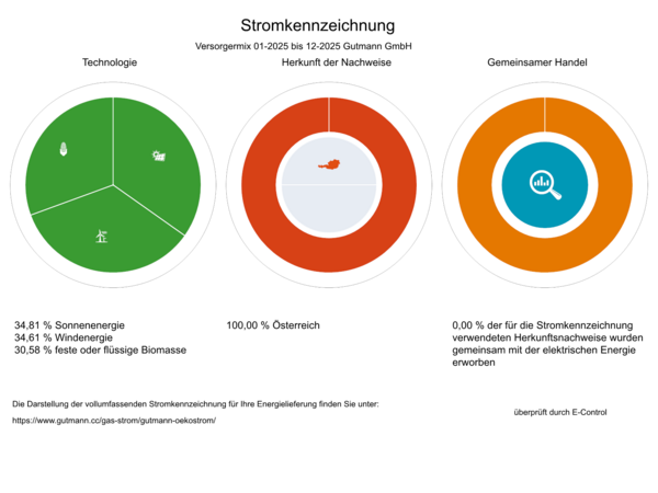 Grafische Darstellung der Stromkennzeichnung 2025: drei Kreisdiagramme mit Symbolen für erneuerbare Energien (Wind, Sonne, Biomasse), Österreich-Herkunft und Analyse des Energiemixes.