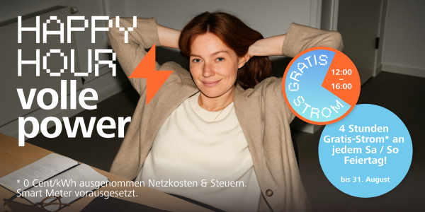 dame sitzt vor Laptop - Hinweis zur happy hour gratis strom zeitraum von gutmann