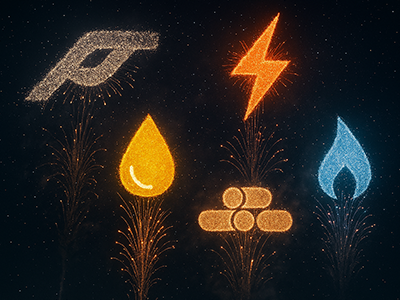 Mit KI generiertes Bild in dem unsere Icons als Silvesterraketen dargestellt sind